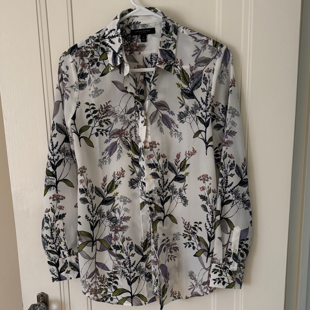 Banana Republic White and Green Floral Shirt